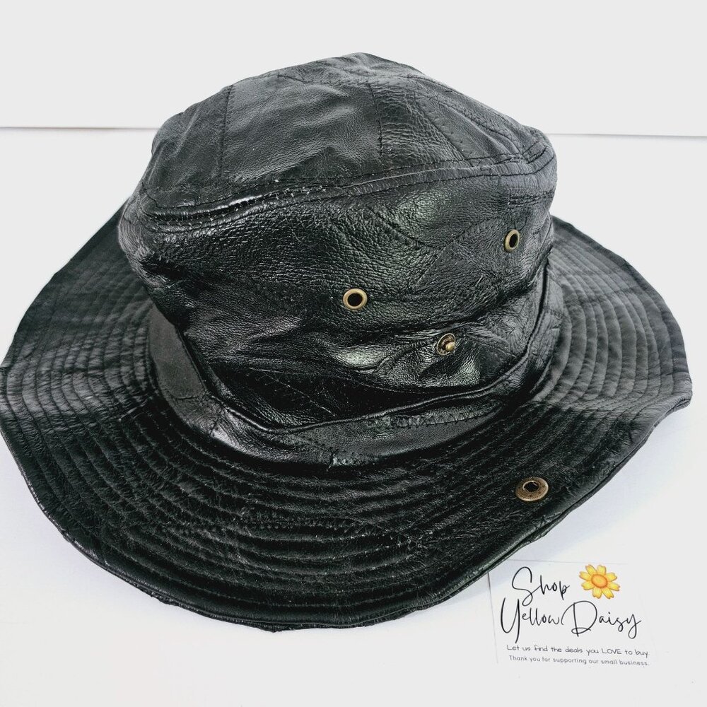 Vintage Black English Leather‎ Patchwork Bucket Hat With Brass Grommets《817》A
